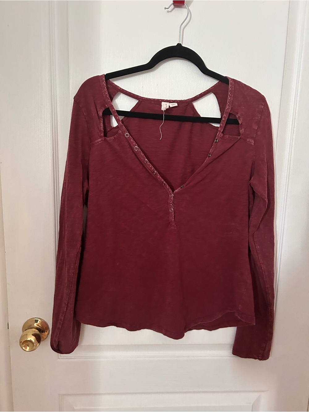 George Wine Red Long-Sleeve Henley with Shoulder Cutouts